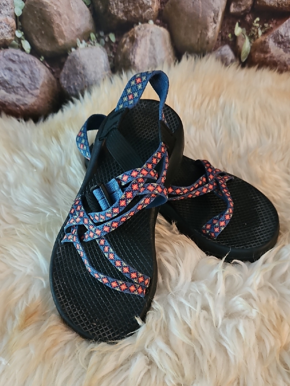 Chaco Black Sandals with Blue Straps and Pink Accents